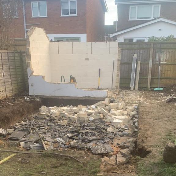 Demolishing a garden cabin and building a new garden office foundation, Abingdon, Oxfordshire