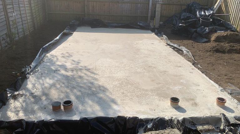 Demolishing a garden cabin and building a new garden office foundation, Abingdon, Oxfordshire